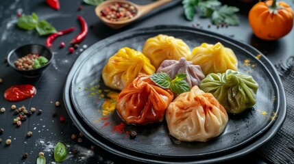 Sticker - Colorful assortment of dumplings on black plate. Vibrant food presentation with diverse colors. Artistic style, ideal for culinary blogs or promotional content. 