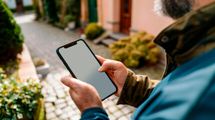 Close-up of blank mockup smartphone screen in man's hands on street background, lifestyle mobile app template