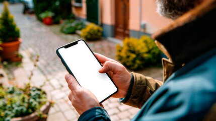 Close-up of blank mockup smartphone screen in man's hands on street background, lifestyle mobile app template