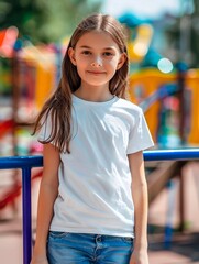 Wall Mural - Little girl 7-8 years old in simple blank white cotton t-shirt on playground background. Kids clothes mock up