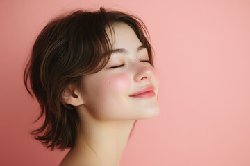 A close up of a girl's face with her eyes closed