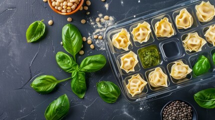 Poster - Fresh tortellini and basil leaves on dark background. Rustic style food photography suitable for recipe websites, cooking blogs, and culinary magazines. Top view, close-up ingredients. AI