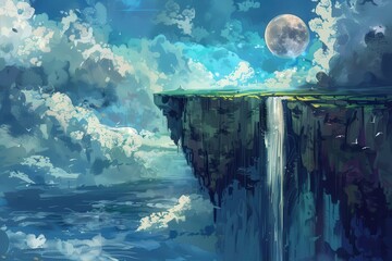 Wall Mural - A floating island with a waterfall cascades down into a vast ocean beneath a luminous moon