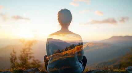 Wall Mural - Serene Artistry: Woman Engaging in Mindful Painting of Ethereal Landscape with Double Exposure Elements in Nature Backdrop