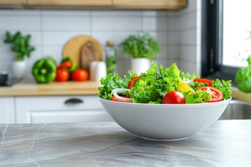 Wall Mural - Vibrant fresh salad prepared in a modern kitchen with vegetables and herbs. Copy space. Healthy and tasty food