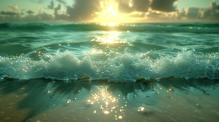 Emerald green water flows on the beach.