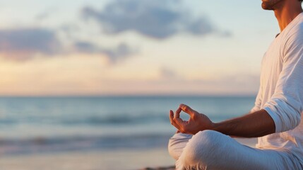 Wall Mural - Serene Dawn Meditation: Man Finding Peace and Managing Stress on Beach.