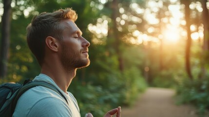 Wall Mural - Finding Peace in Nature: Tranquil Man Meditating on Forest Path for Stress Relief (Close Up, Realistic Silhouette, Serene Forest Backdrop)