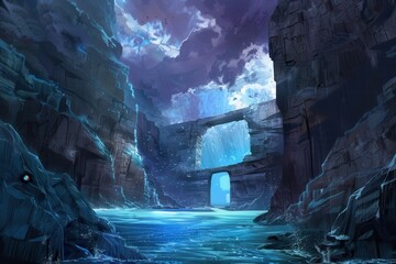 Wall Mural - A mysterious bluetinged stone archway leads to a hidden cove within a dark fantastical landscape