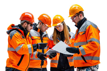 Group of colleagues in protective workwear discussing in factory Isolated on white background