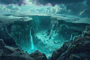 Wall Mural - A deep blue canyon with glowing water and rock formations