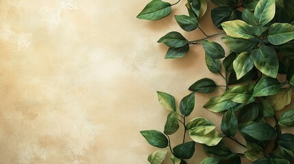 Wall Mural - Delicate green leaves nestled in the corner of a beige wall, their natural form and texture adding a serene and organic touch to the neutral space