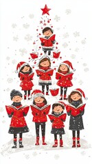 Wall Mural - Christmas Carolers in Festive Attire with Tree Background