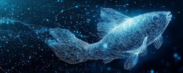 Wall Mural - wireframe fish illustration with digital elements on a futuristic background