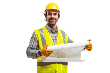 smiling construction worker holding a blueprint, wearing a yellow hard hat and reflective vest, isol