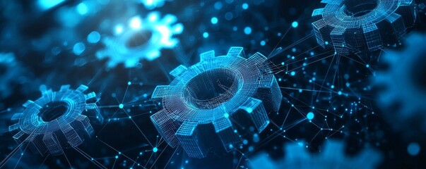 Wall Mural - digital wireframe gears interconnected with a network in a futuristic blue background