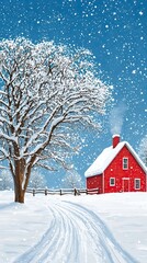 Wall Mural - Winter Wonderland: Cozy Red House in Snowy Landscape