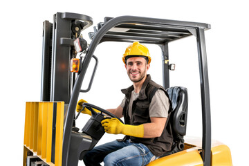 Warehouse staff operating a forklift Isolated on white background