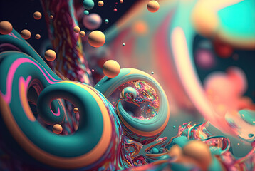 Poster - Abstract background with colorful fractals. Surreal composition with fluid waves of liquid metal.