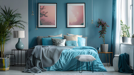 Modern bedroom with blue and gray accents, plants, and decorative paintings on the walls