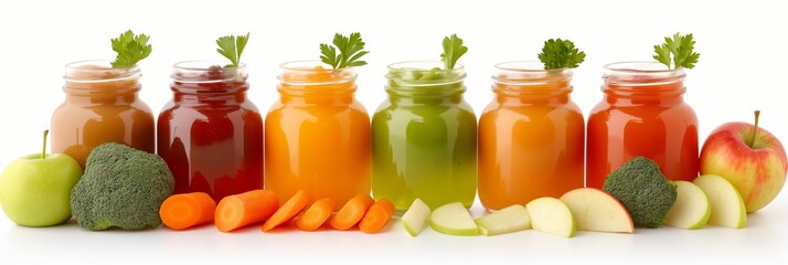 Wall Mural - A row of fruit and vegetable juices and apples. The juices are in glass jars and the apples are sliced