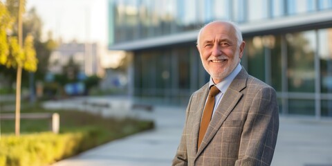 Sticker - A man in a gray suit and tie stands in front of a building. He is smiling and he is happy