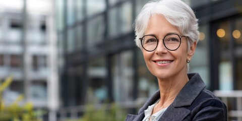 Wall Mural - A woman wearing glasses and a black jacket is smiling. She is standing in front of a building