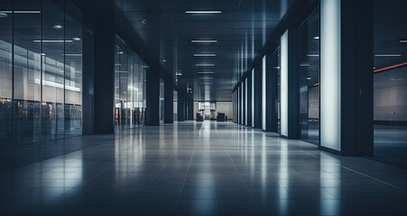 Sticker - Office building interior with long hall and doors. Empty office corridor with lamps and glass decorations.