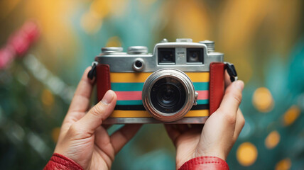 Colorful retro vintage camera with lens, close up. Taking photos with analog camera. Photography hobby. 