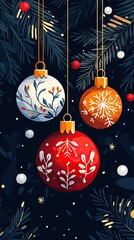 Wall Mural - Festive Ornaments Hanging Among Pine Needles