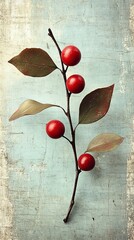 Poster - Stylized Branch with Red Berries and Leaves