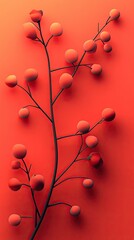 Poster - Stylized Branch with Berries on Vibrant Red Background