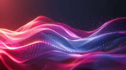 Sticker - A vibrant abstract image of pink and blue waves with a glowing effect and scattered particles, creating a sense of energy and movement. The use of light and color adds a dynamic quality to the design.