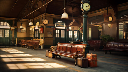 Nostalgic Charm at Vintage Train Station with Classic Luggage, Bench Seats, and Ticket Booth