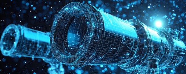 Futuristic wireframe illustration of space telescopes with digital blue light