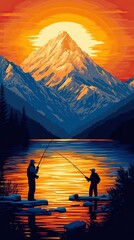 Canvas Print - Colorful Fishing Scene at Sunset with Mountains