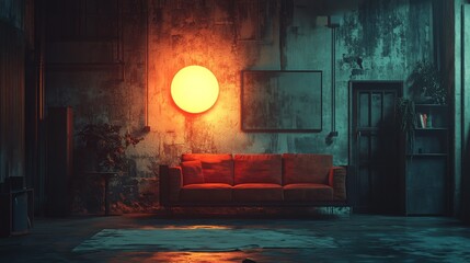 Wall Mural - A room with a red couch and a yellow light on the wall