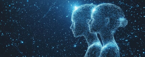 Wall Mural - digital wireframe twins in a starry, technological cosmos