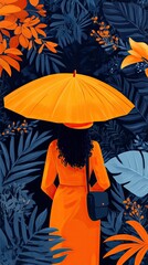 Poster - Stylized Figure with Orange Umbrella in Lush Jungle