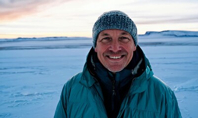 Canvas Print - Pet portrait video of a grinning man in his 40s wearing a vibrant raincoat against a tundra or icy landscape background