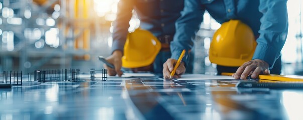 Engineers in hard hats reviewing and discussing detailed building plans on a table at a construction site, focusing on project details.