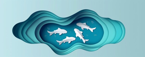 Wall Mural - Abstract paper cut art with three white koi fish pond in blue water