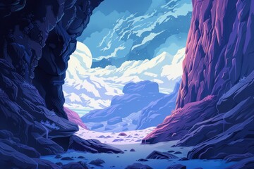 Wall Mural - A digital illustration of a dramatic canyon scene under a starry sky