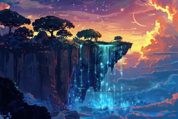 Wall Mural - A magical clifftop with a glowing waterfall cascading into a dreamy cloudscape