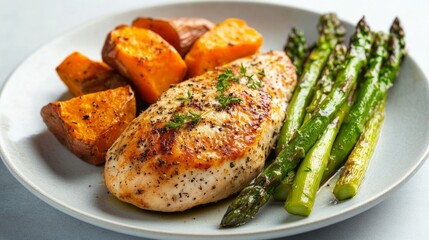 Grilled chicken with roasted vegetables. A healthy and delicious meal featuring grilled chicken breast, roasted sweet potatoes, and asparagus.