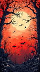 Canvas Print - Haunting Landscape with Moon and Bats