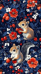 Canvas Print - Squirrels Among Colorful Flowers on Dark Background