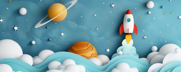 Wall Mural - minimalist paper cut art of space scene with rocket launch and planets