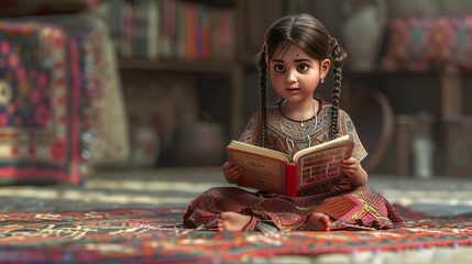 An Indian girl with pigtails, dressed in casual clothes, holding an open picture book, sitting on a colorful rug