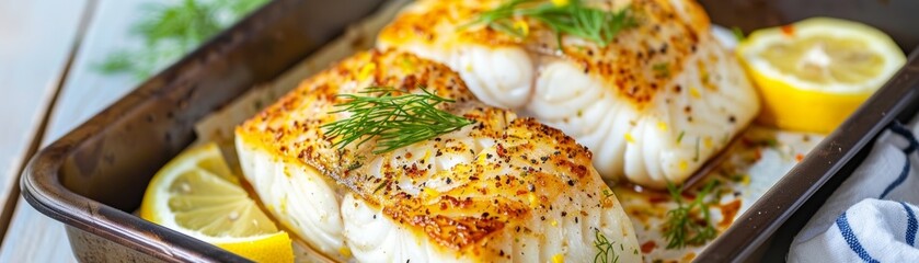 Delicious baked cod fish in a baking pan with fresh lemon slices and herbs, perfect for a healthy and flavorful meal.